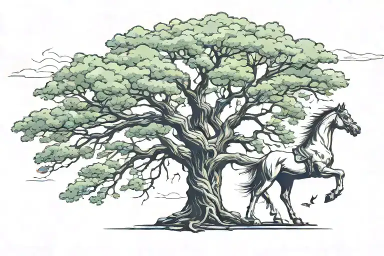 Make A Tattoo Of A Giant Tree With A Man Petting Horse