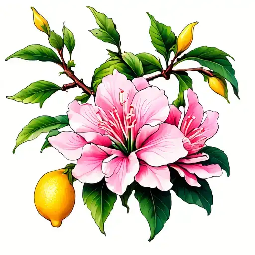 Azalea Flower Hanging Off A Lemon Tree Branch