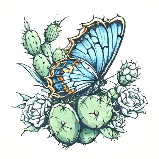 A Cactus With A Blue Butterfly Flying
