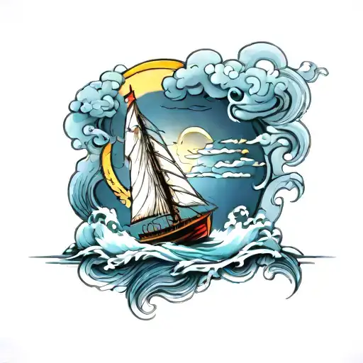 Ship Sailing Through Stormy With Lighthouse Shining