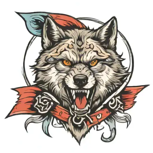 Blade Going Through Wolf Head With Banner Wrapped