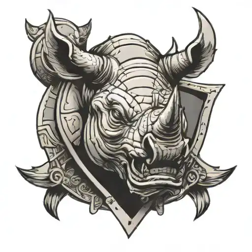 An Armored Shield On The Left Breast Bearing The Face Of A Rhinoceros Wit Eyes
