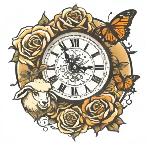 Sheep And Sun And Clock And Roses And Butterflies