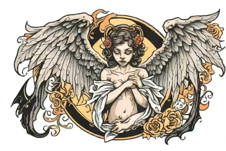 An Angel And Bat Wings With Open Wings