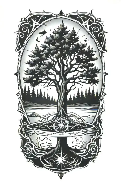 Tree With Triangles Below And No Leaves On The Tree A Compass In The Center On The Tree