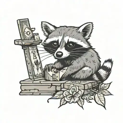 Raccoon On Brick With Tarot Card Tower