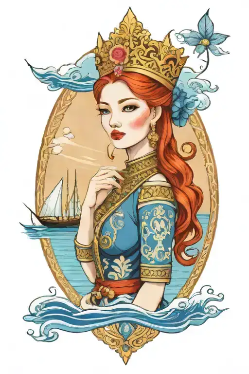 Redhead Woman Wearing Thai Crown And Dress Incorporate Blue High Tide And Sail Boat