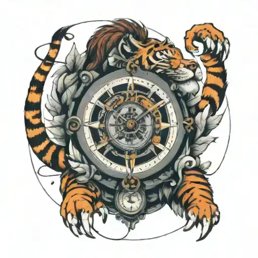 Tiger With A Compass And Clock Between Granny