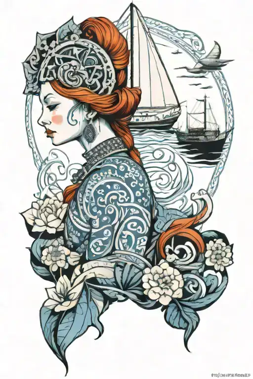 Redhead Woman Wearing Thai Headress And Dress Incorporate Blue High Tide And Sail Boat