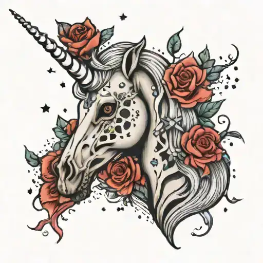 Skeleton Unicorn Surrounded By Roses And A Galaxy Filled With Stars