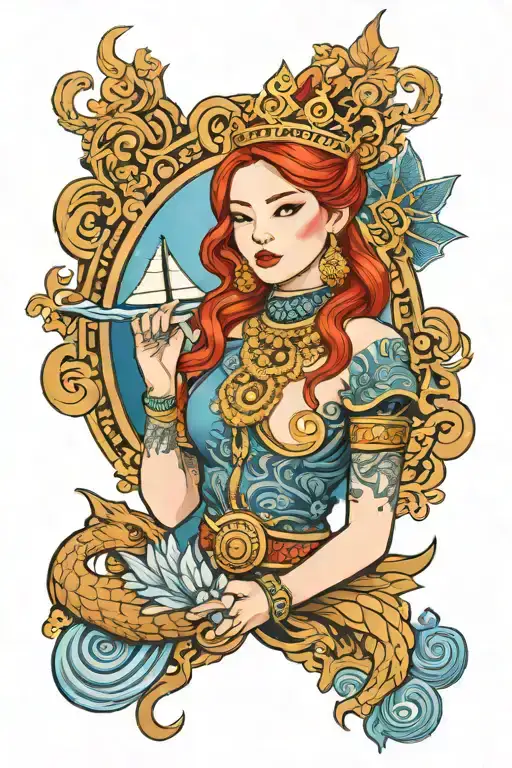 Redhead Woman Wearing Thai Crown And Dress Incorporate Blue High Tide And Sail Boat