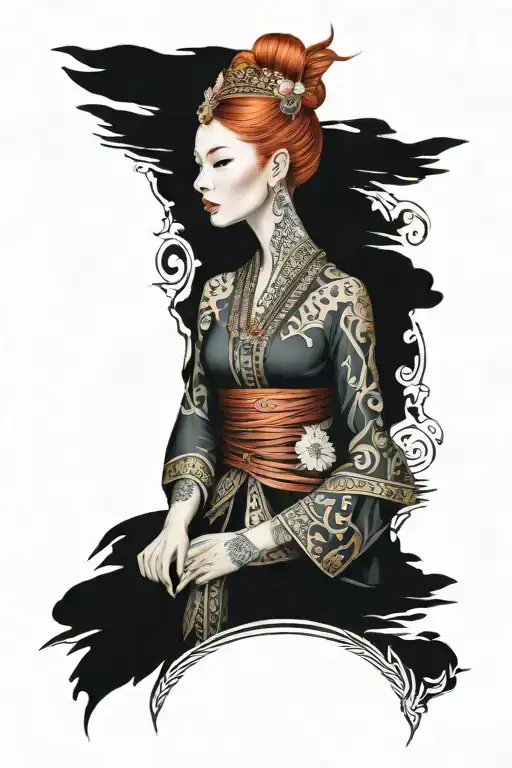 Redhead Woman Wearing Thai Headress And Dress Incorporate Japanese Tide And Sail Boat