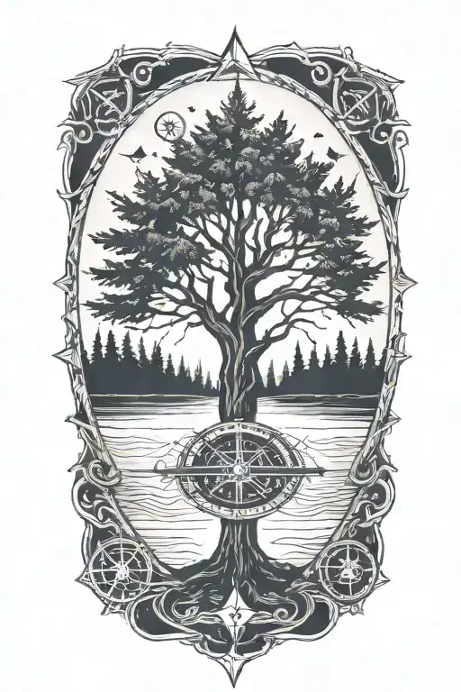 Tree With Triangles Below And No Leaves On The Tree A Compass In The Center On The Tree