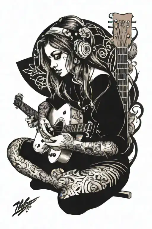Guitar And Girl Sitting