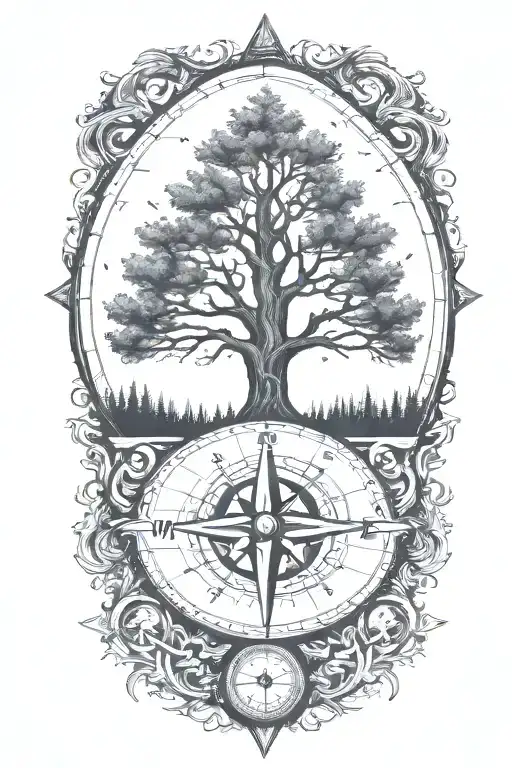 Tree With Triangles Below And No Leaves On The Tree A Compass In The Center On The Tree