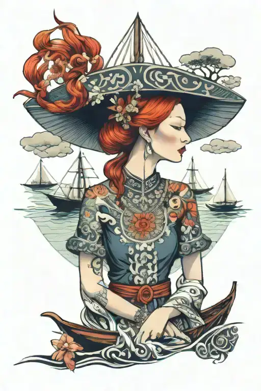 Redhead Woman Wearing Thai Headress And Dress Incorporate Japanese Tide And Sail Boat