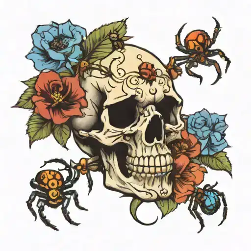 Skull Flowers And Spiders Crawling