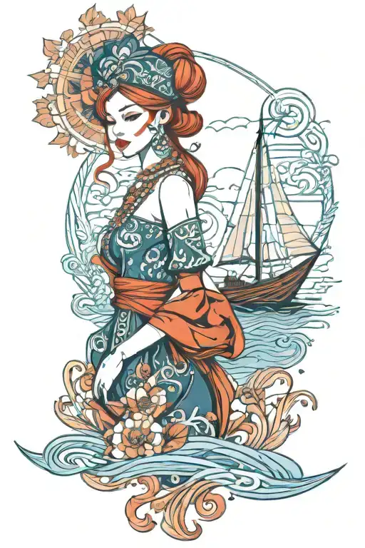 Redhead Woman Wearing Thai Headress And Dress Incorporate Blue High Tide And Sail Boat