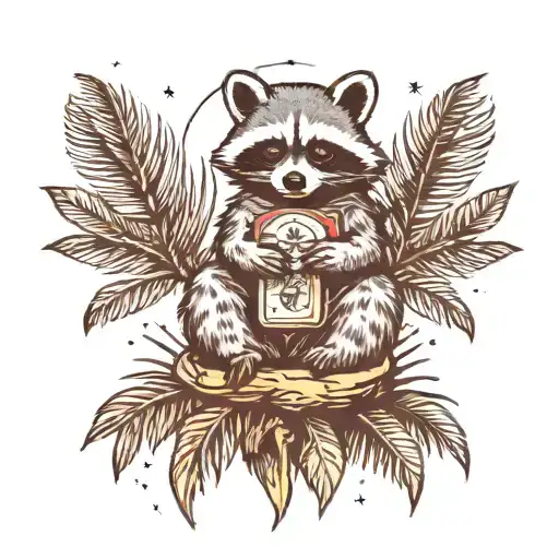 Raccoon Sitting On A Palm Tree With A Tarot Card Tower