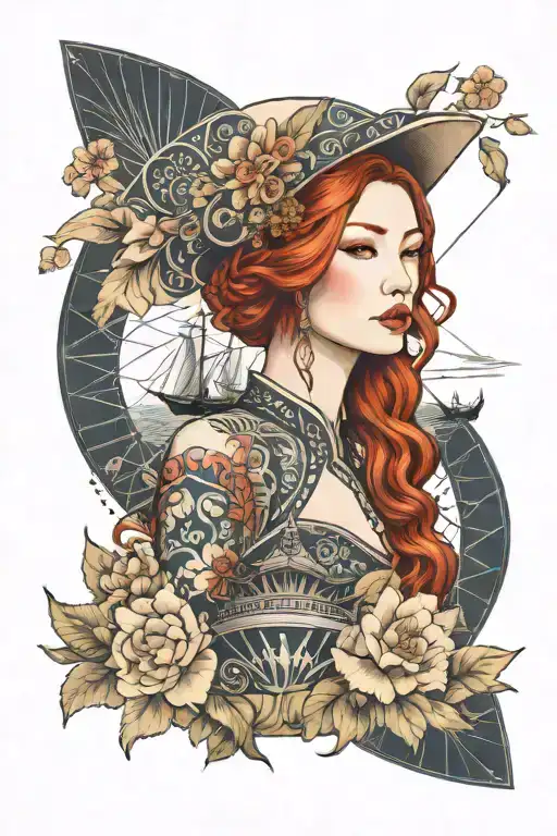 Redhead Woman Wearing Thai Headress And Dress Incorporate Japanese Tide And Sail Boat