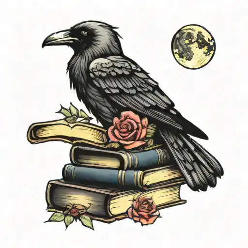 Raven On Books With Roses And Moon