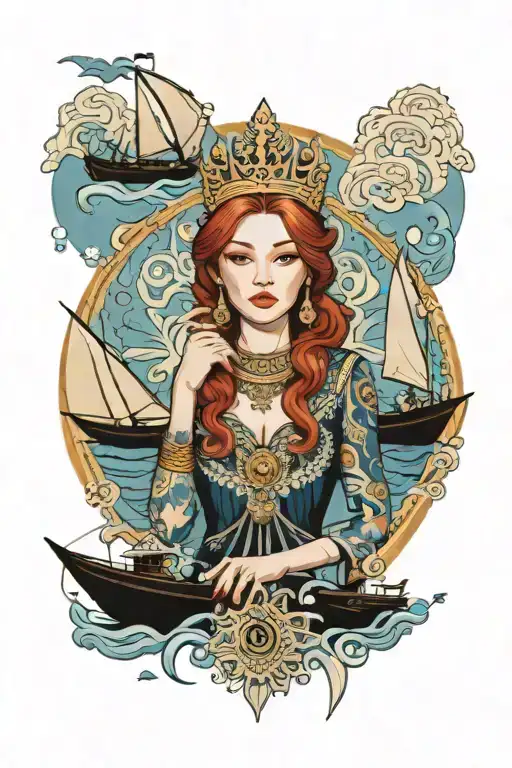 Redhead Woman Wearing Thai Crown And Dress Incorporate Blue High Tide And Sail Boat