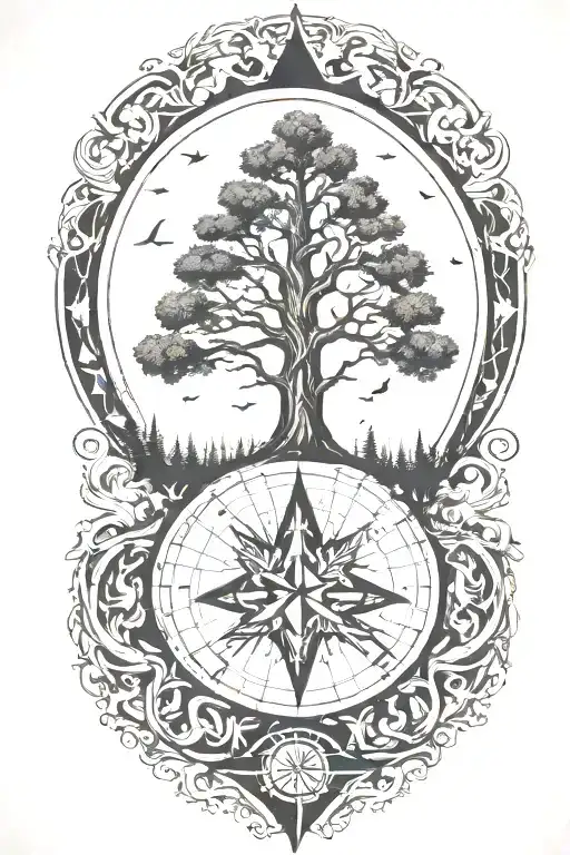 Tree With Triangles Below And No Leaves On The Tree A Compass In The Center On The Tree