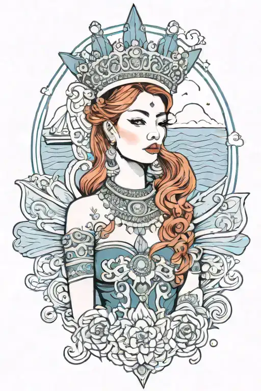 Redhead Woman Wearing Thai Crown And Dress Incorporate Blue High Tide And Sail Boat