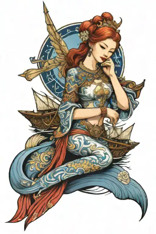 Redhead Angel Wearing Thai Dress Incorporate Blue High Tide And Sail Boat