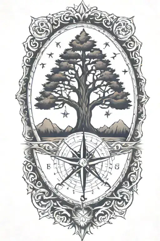 Tree With Triangles Below And No Leaves On The Tree A Compass In The Center On The Tree