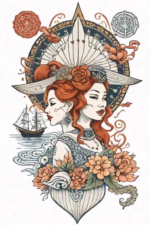 Redhead Woman Wearing Thai Headress And Dress Incorporate Japanese Tide And Sail Boat