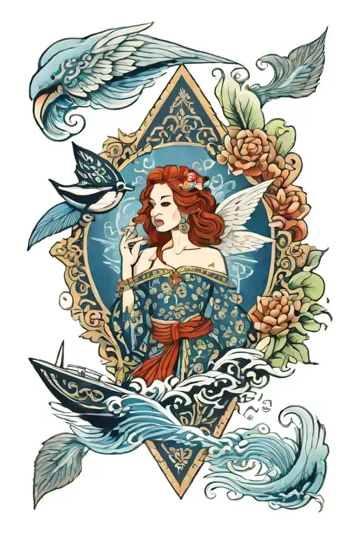 Redhead Angel Wearing Thai Dress Incorporate Blue High Tide And Sail Boat
