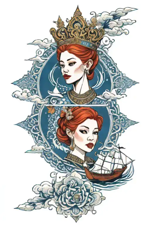 Redhead Woman Wearing Thai Crown And Dress Incorporate Blue High Tide And Sail Boat