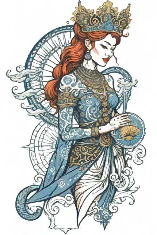 Redhead Woman Wearing Thai Crown And Dress Incorporate Blue High Tide And Sail Boat