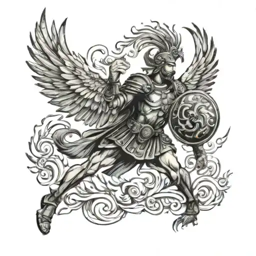An Ancient Roman Legionnaire Battling A Mythical Phoenix In A Neotraditional Style