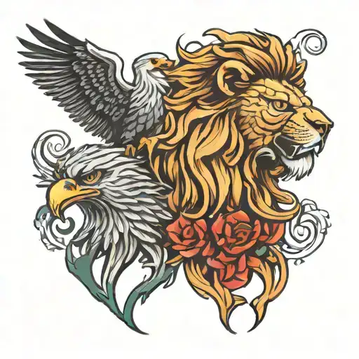 Lion Head And Eagle Head Tattoo Holding