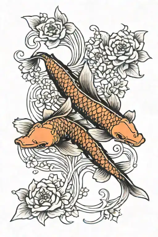 Two Koi Fish Swimming With Flowers