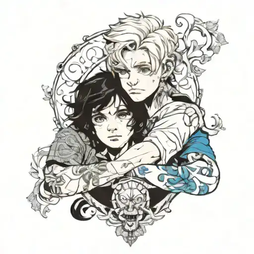 Boy With Black Hair And Blue Eyes Holding Boy With Light Blonde Hair And Blue Eyes