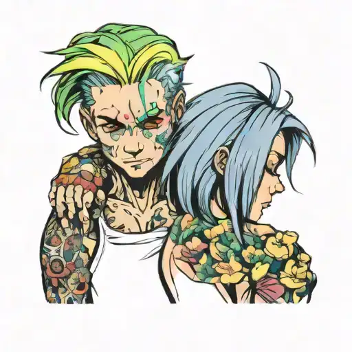 Buff Boy With Rainbow Hair Hugging Girl With Gray Hair