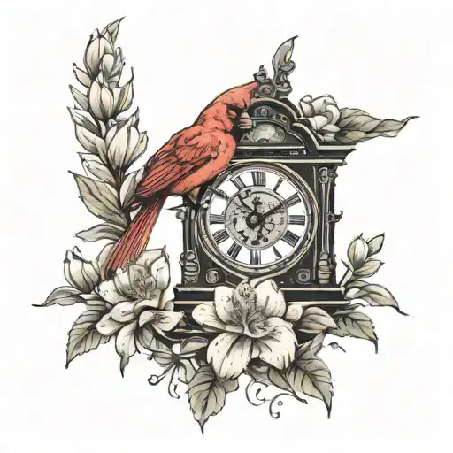 A Cardinal Perched On Top Of A Grandfather Clock Surrounded By Rhododendron