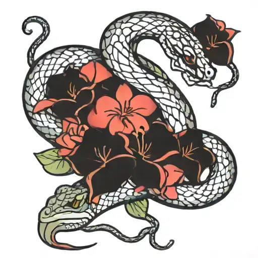 Snake Wrapped Around Bougainvillier Flowers