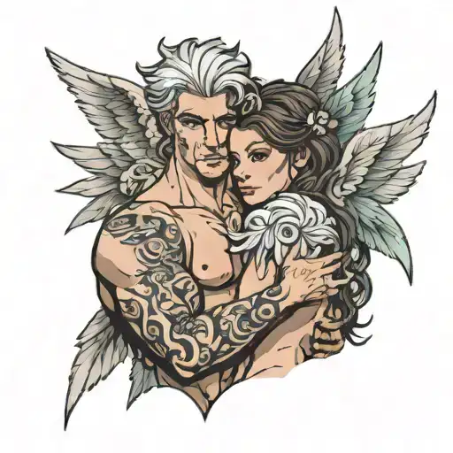 Buff Angel Boy With Brown Hair Holding Girl With Gray Hair