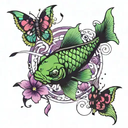 Black And Green Koi Fish Swimming Around A Swarm Of Purple Butterflies With Broken Wings