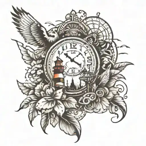 A Clock With Indian Symbols And A Lighthouse In The Background