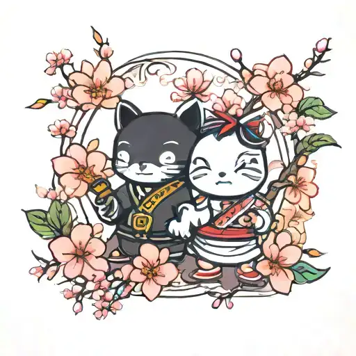Vintage Cartoon Characters With Cherry Blossoms And Chinese Writing