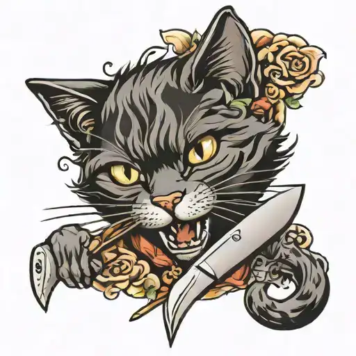 Cute Cat With Knife In Mouth