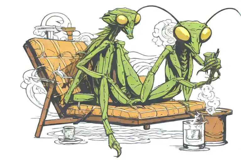 Praying Mantis Smoking A Cigarette And Getting Drunk On A Beach Lounge Chair
