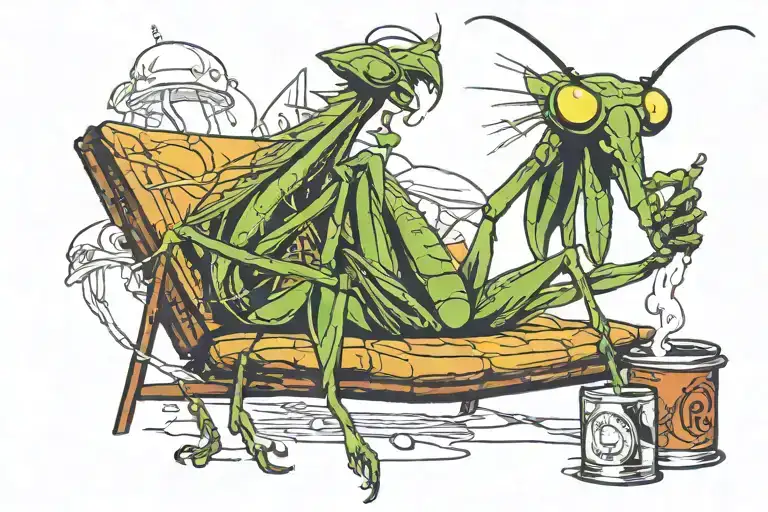 Praying Mantis Smoking A Cigarette And Getting Drunk On A Beach Lounge Chair
