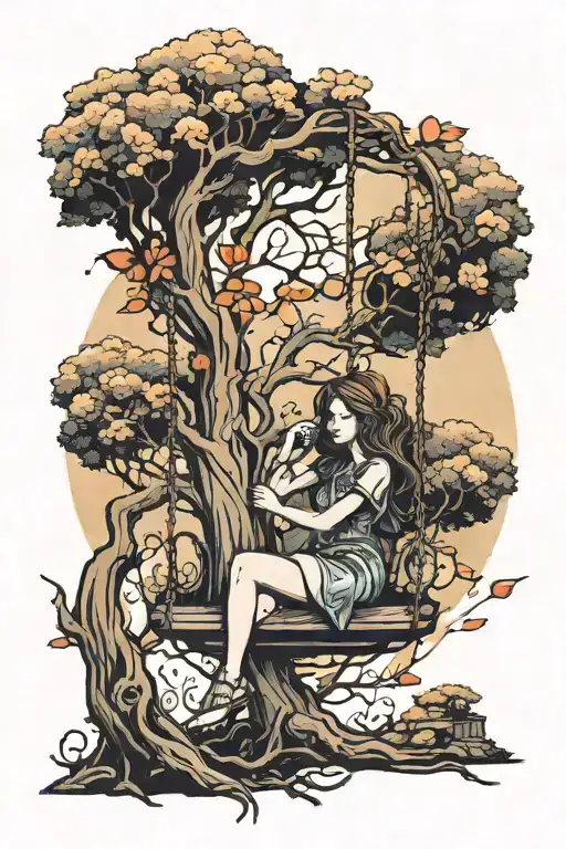 Girl On A Swing Next To The Tree Of Life