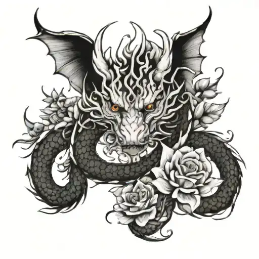 Dragon And Flowers Black And White
